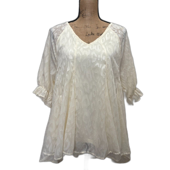 Umgee Ivory Leopard Burnout Blouse Textured Puff Sleeve Ruffle Tunic Top Size XL - Picture 1 of 5
